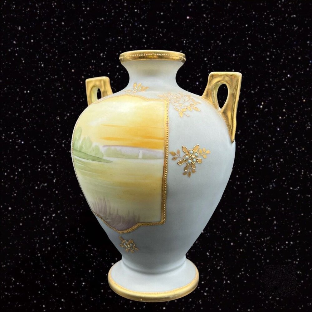 Antique‎ Porcelain Nippon Moriage Vase Golden Hand Painted Double Handled Boat - Picture 4 of 8